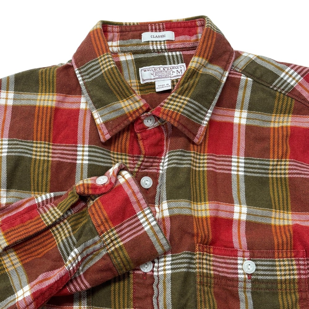 Wallace & Barnes J Crew Mens Classic Fit Plaid Flannel Shirt‎ Red Green Medium